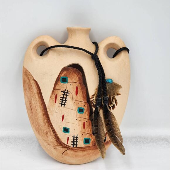 Pueblo Legend Canteen Southern Style Pottery Water Jug Handpaint Pueblo Indians - Picture 11 of 12